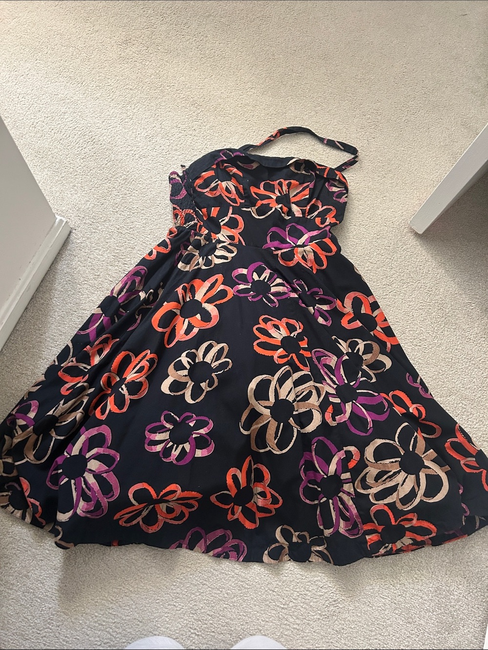 Black Floral Halter Casual Dress with Orange, Purple & Tan Blooms